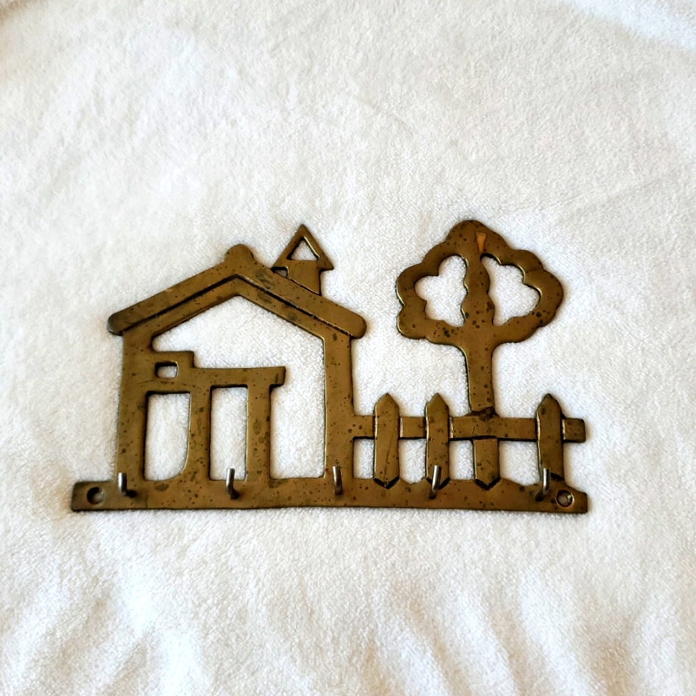 Vintage brass MCM small house + tree laser cut out key rack